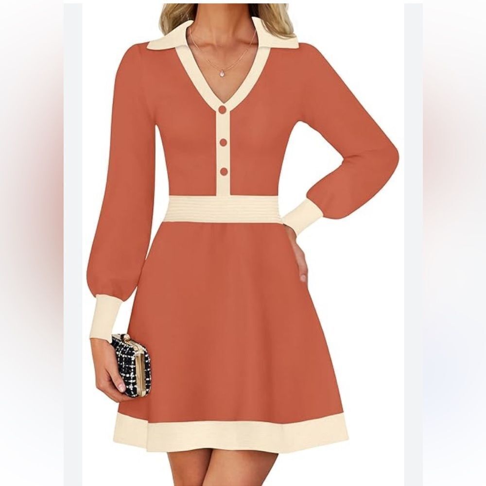 ZESICA Women's Spring Long Sleeve V Neck Sweater Dress Collar Ribbed Size Large